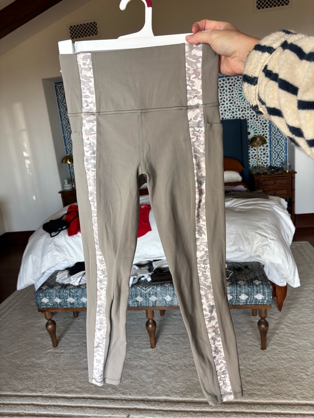 Athleta Taupe High-Waist Leggings with Camo Side Panels